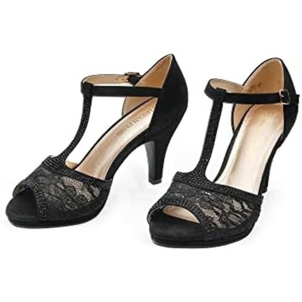 Dream Pairs Amore_2 Womens Black Lace Rhinestone T-Strap Stiletto Heels Size 7.5